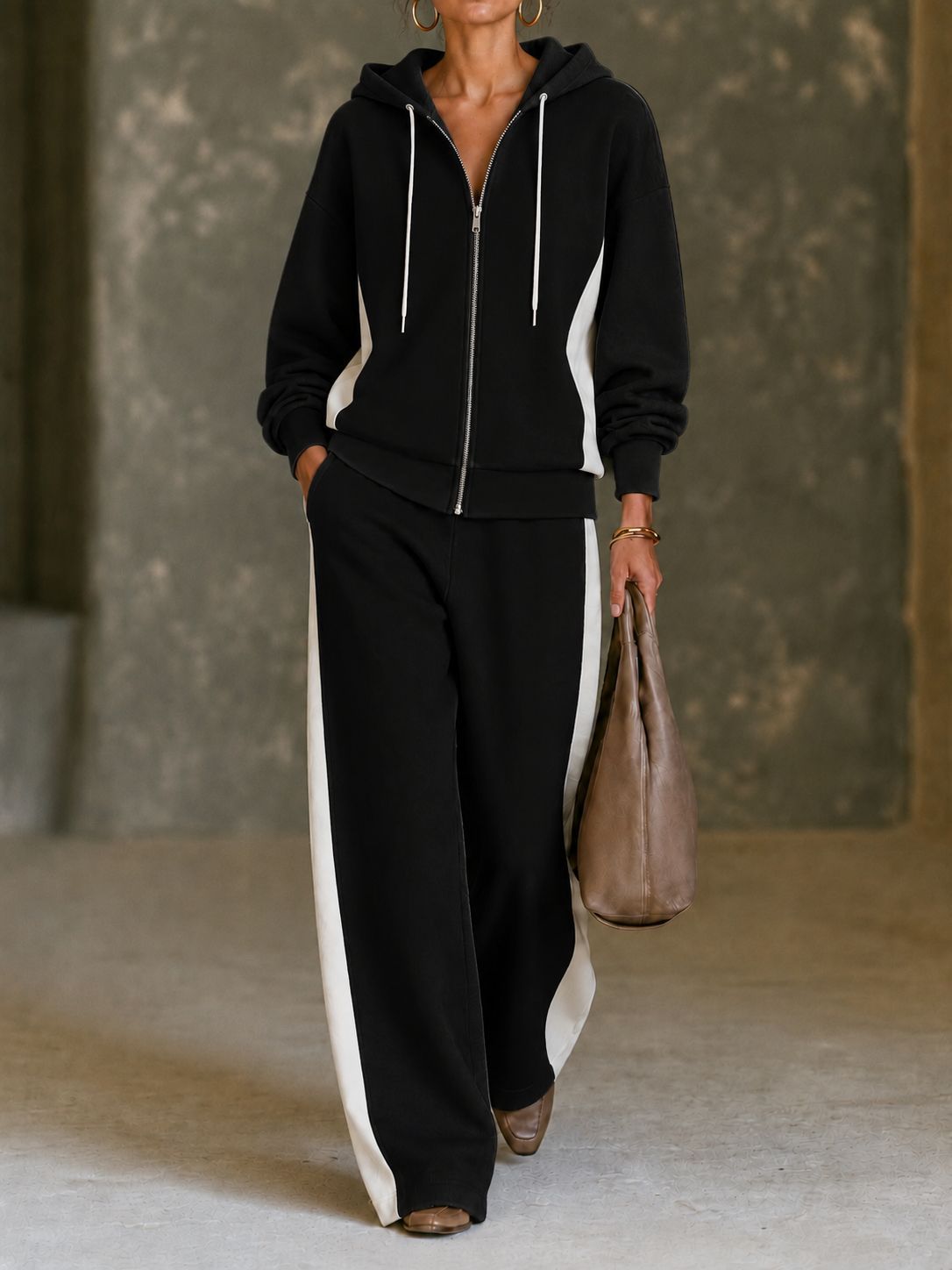 Women’s Color Block Hoodie Set Zip Up Sweatshirt & Wide Leg Pants Casual 2 Piece Outfit