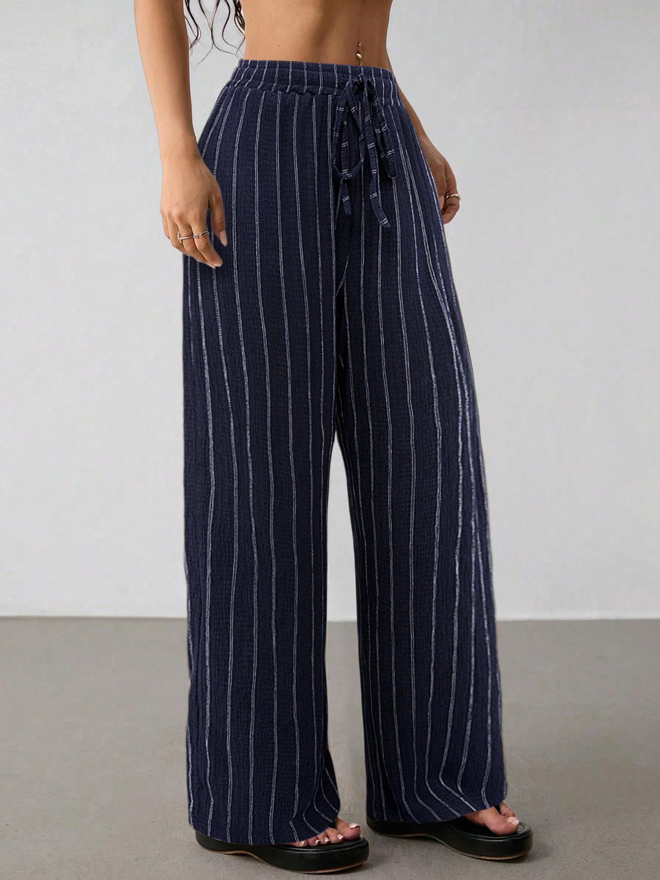 Women’s Striped Wide Leg Pants High Waist Drawstring Casual Loose Trousers