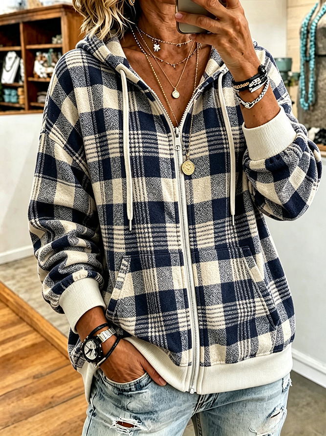 Women’s Plaid Hooded Zip Jacket Long Sleeve Casual Outerwear