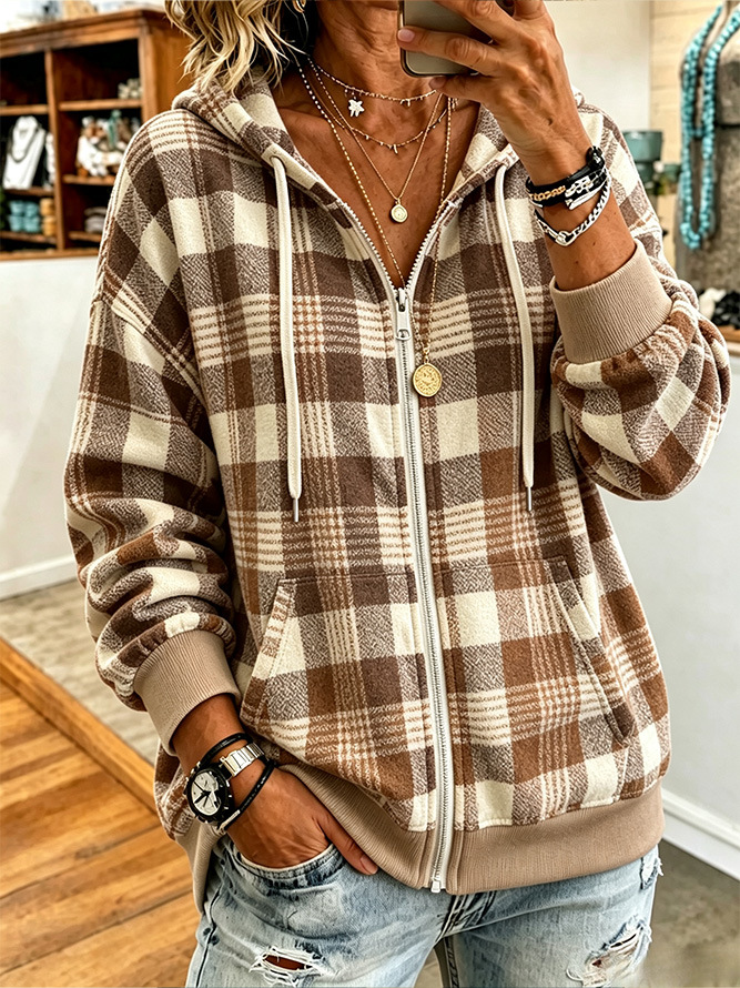 Women’s Plaid Hooded Zip Jacket Long Sleeve Casual Outerwear