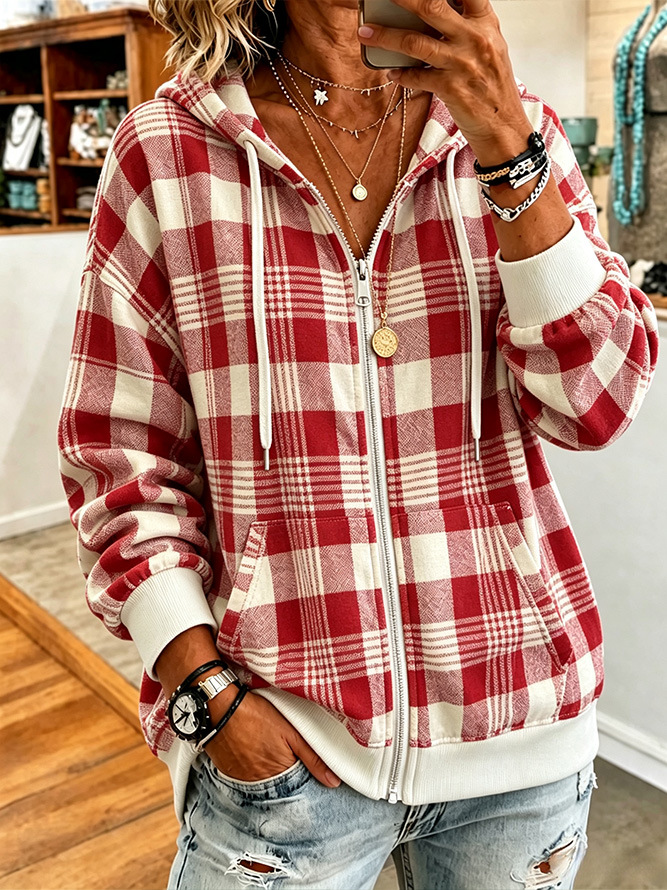 Women’s Plaid Hooded Zip Jacket Long Sleeve Casual Outerwear
