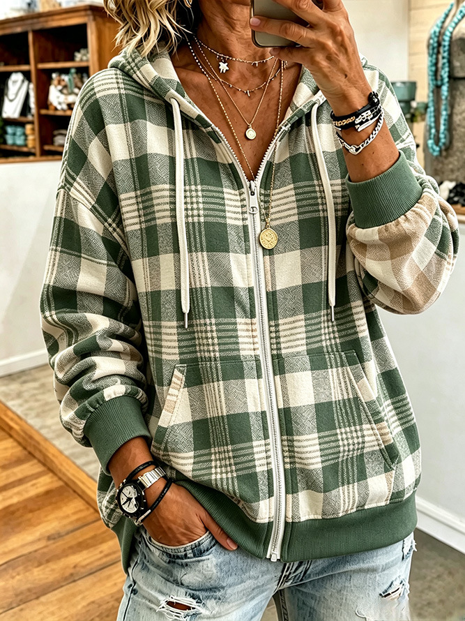 Women’s Plaid Hooded Zip Jacket Long Sleeve Casual Outerwear