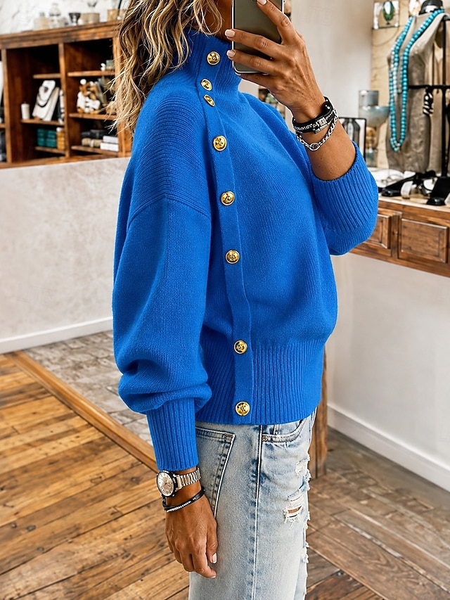 Decorative Button High Collar Knit Sweater