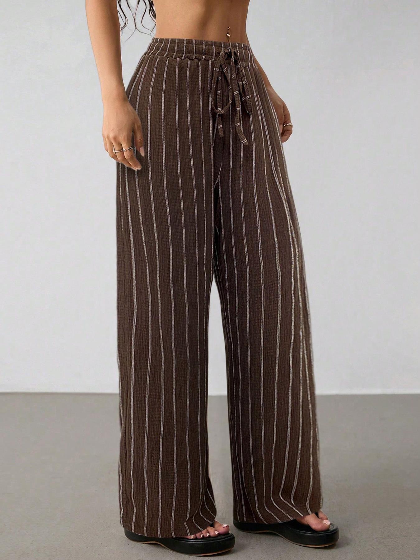 Women’s Striped Wide Leg Pants High Waist Drawstring Casual Loose Trousers