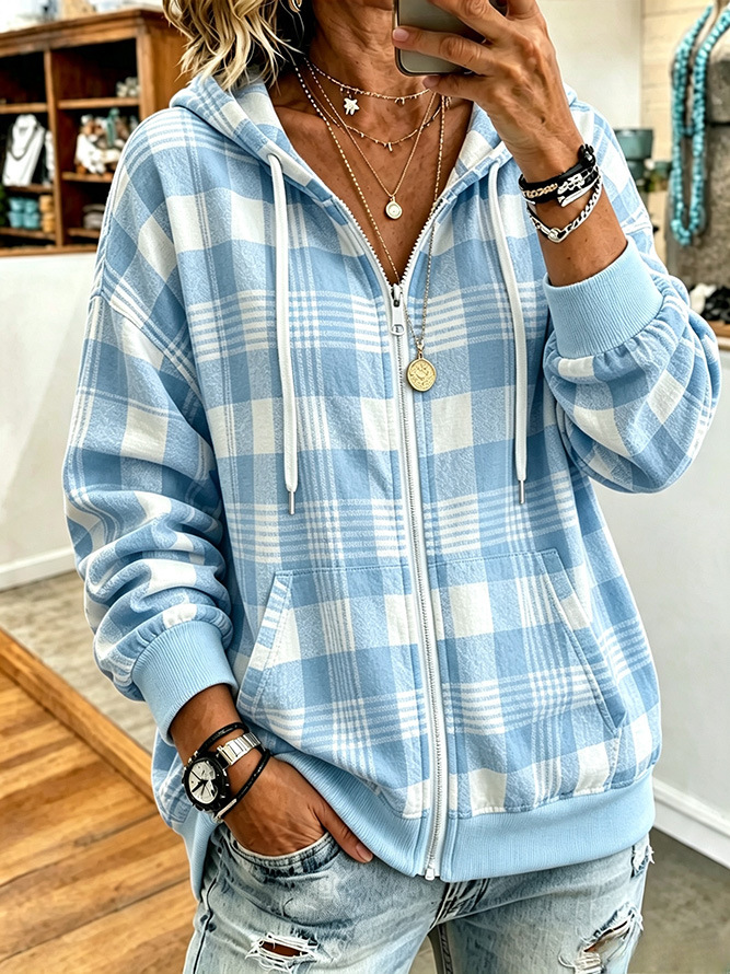 Women’s Plaid Hooded Zip Jacket Long Sleeve Casual Outerwear