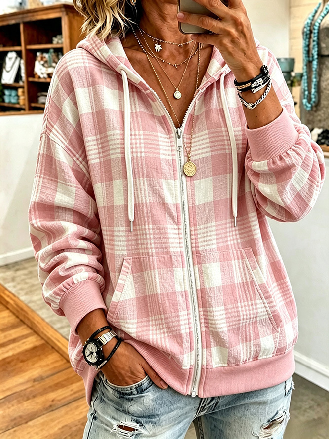Women’s Plaid Hooded Zip Jacket Long Sleeve Casual Outerwear