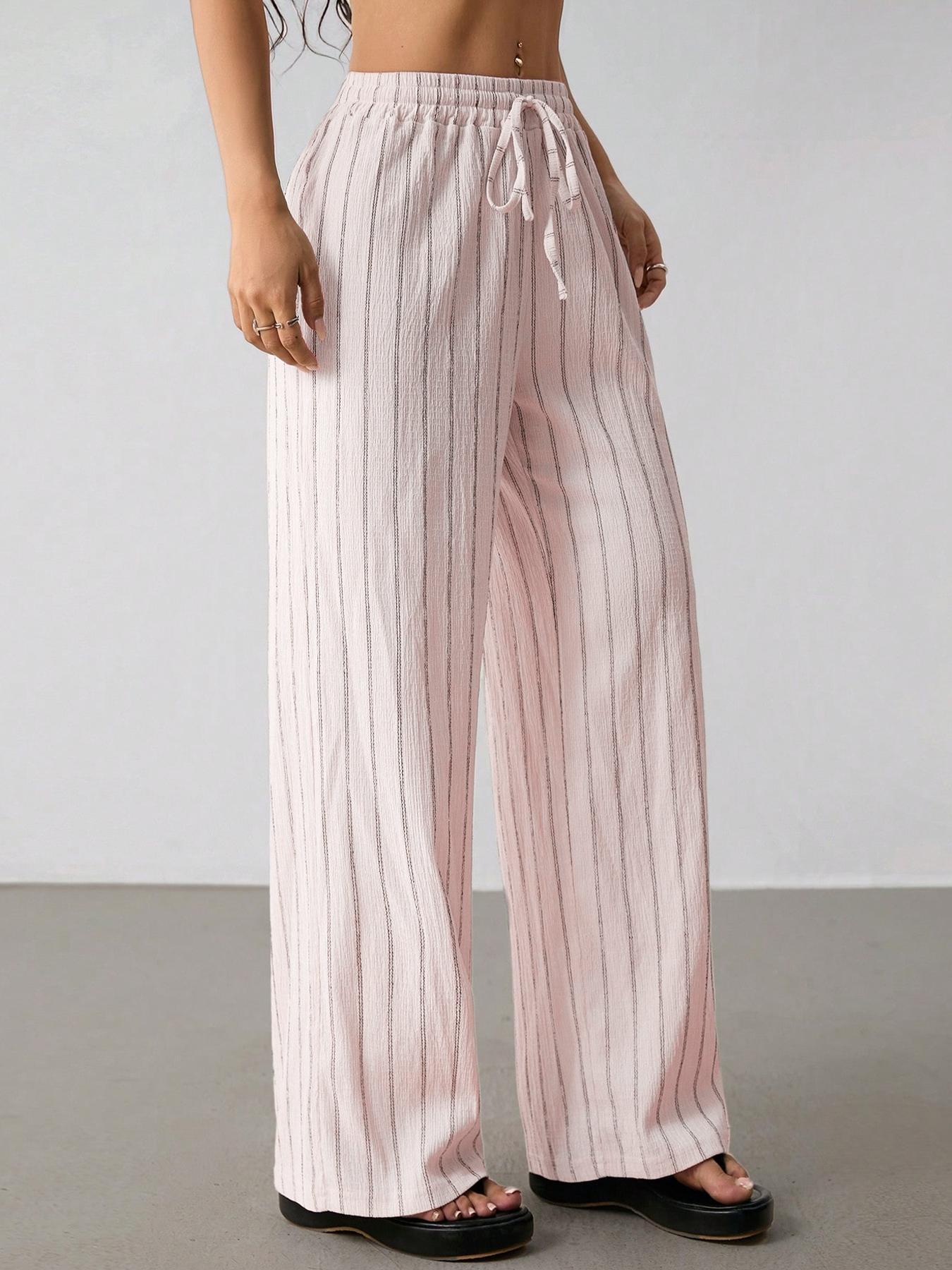 Women’s Striped Wide Leg Pants High Waist Drawstring Casual Loose Trousers