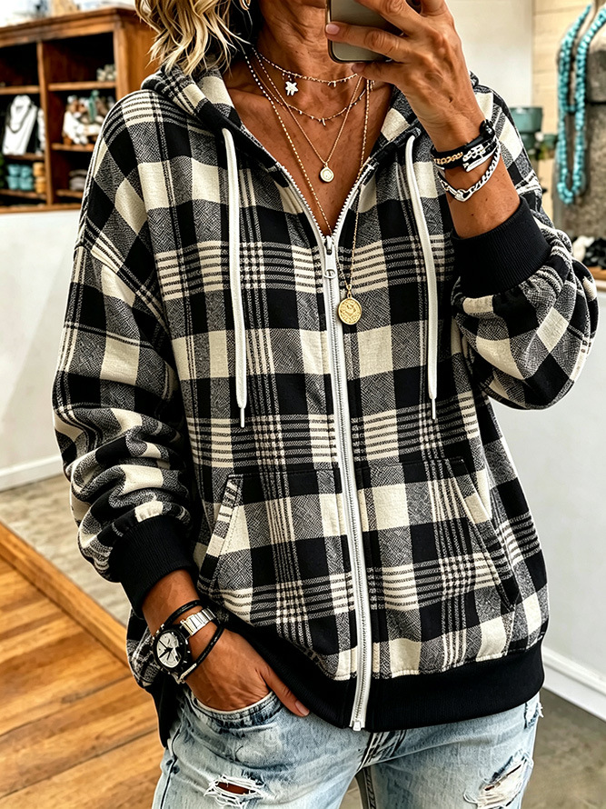 Women’s Plaid Hooded Zip Jacket Long Sleeve Casual Outerwear