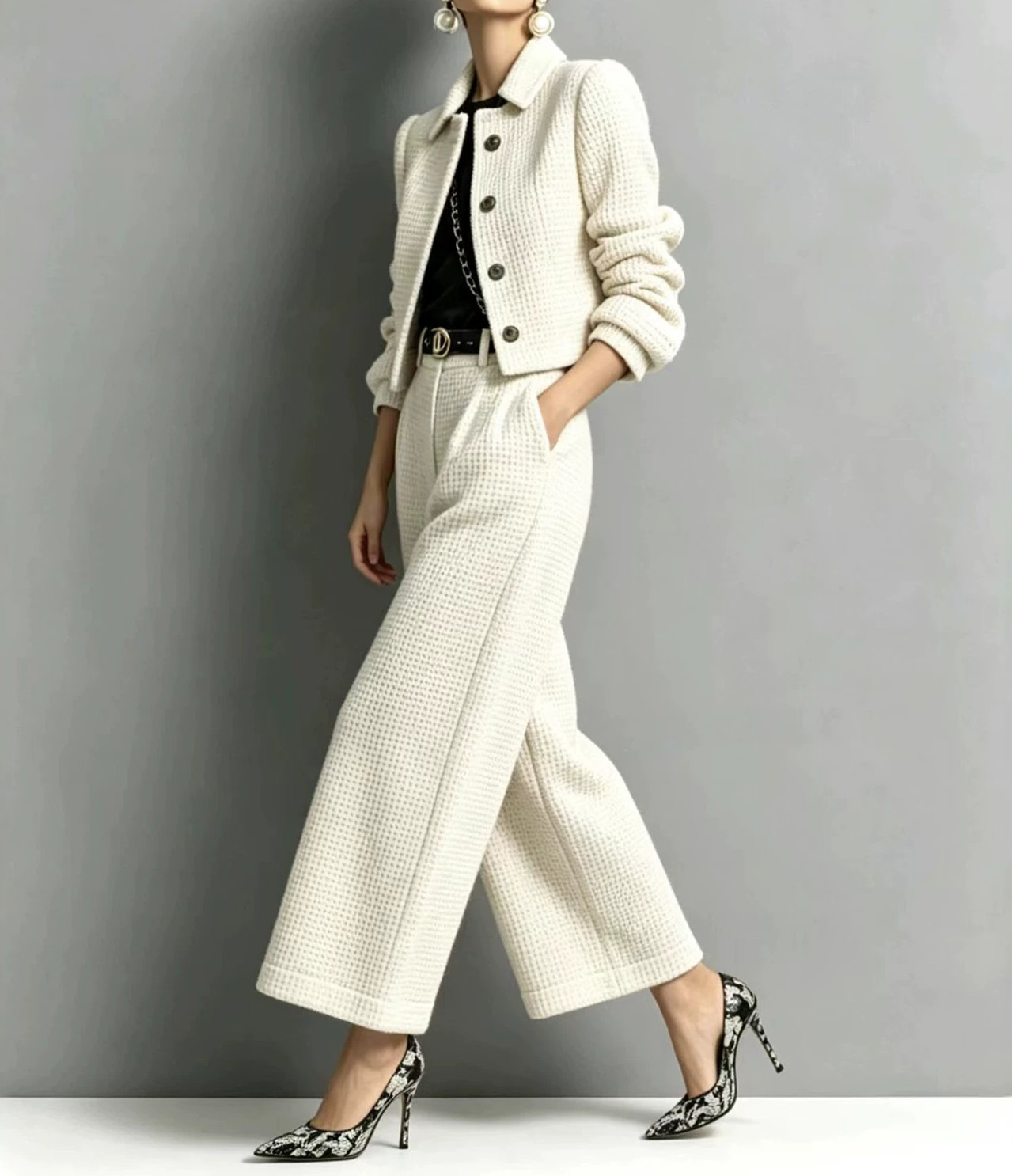 Collared slim-fit long-sleeved short jacket paired with wide-leg trousers