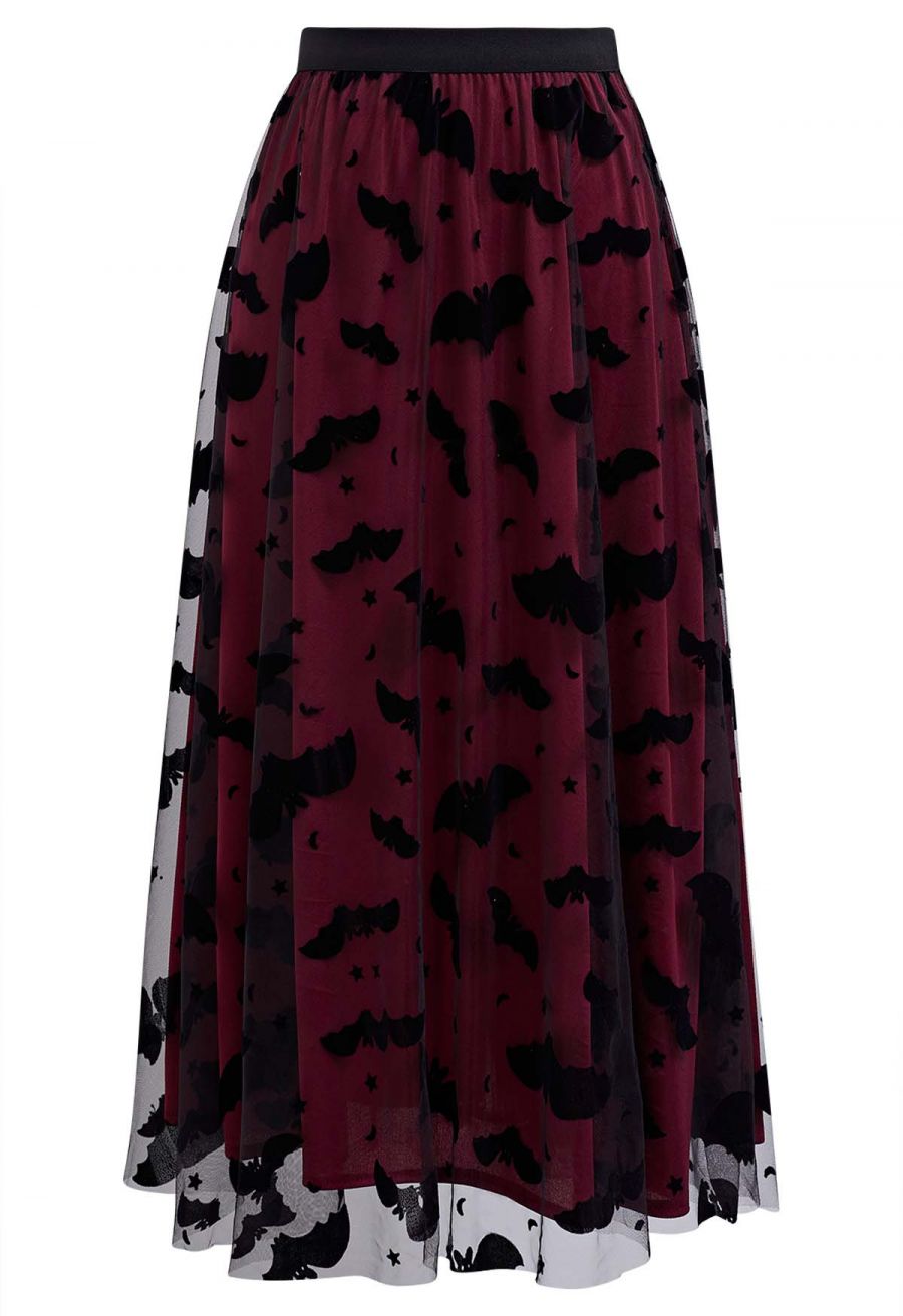 Women’s Halloween Bat Star Mesh Overlay High Waist A-Line Midi Skirt