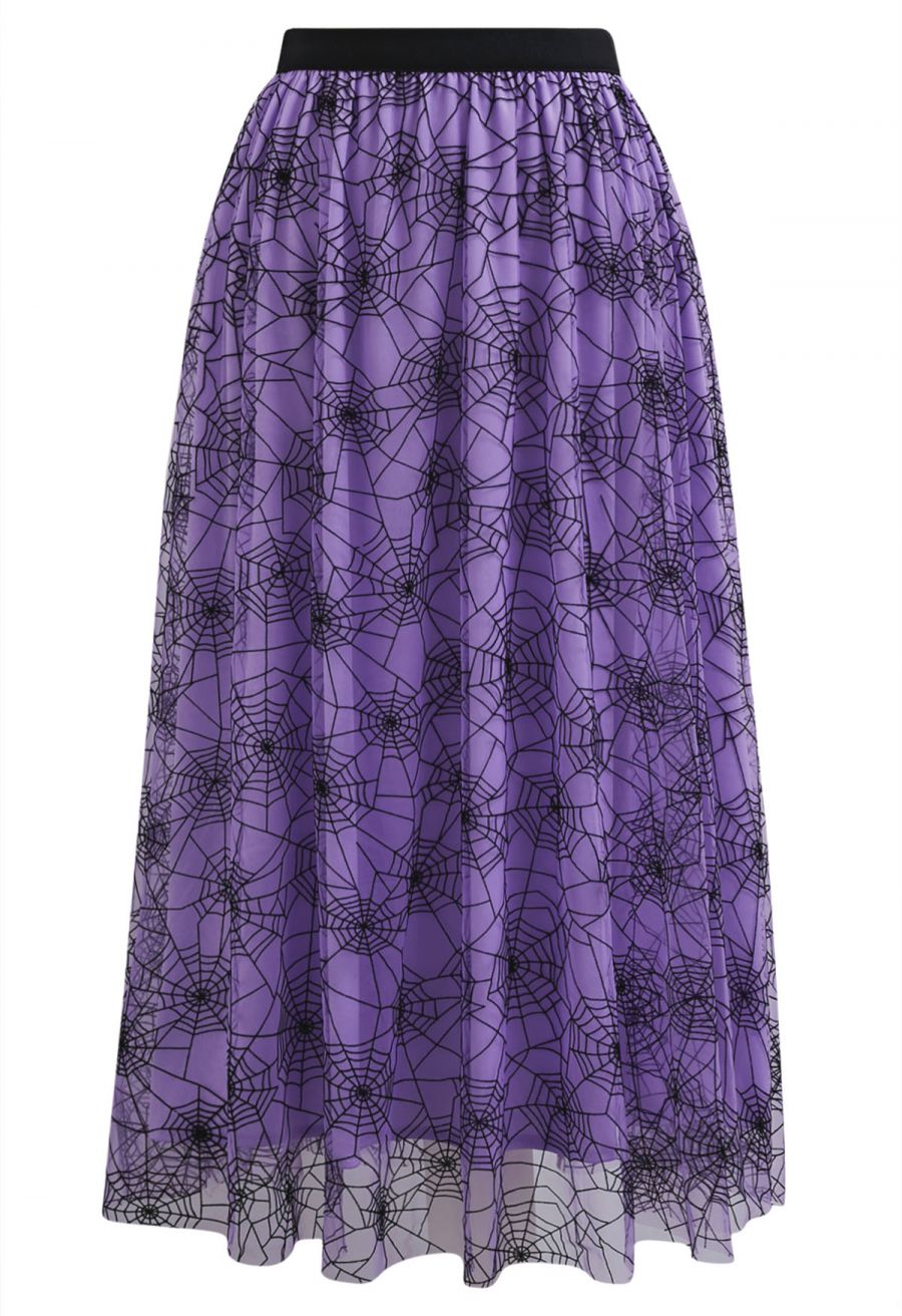Women’s Halloween Purple Spider Web Mesh Overlay High Waist A-Line Midi Skirt