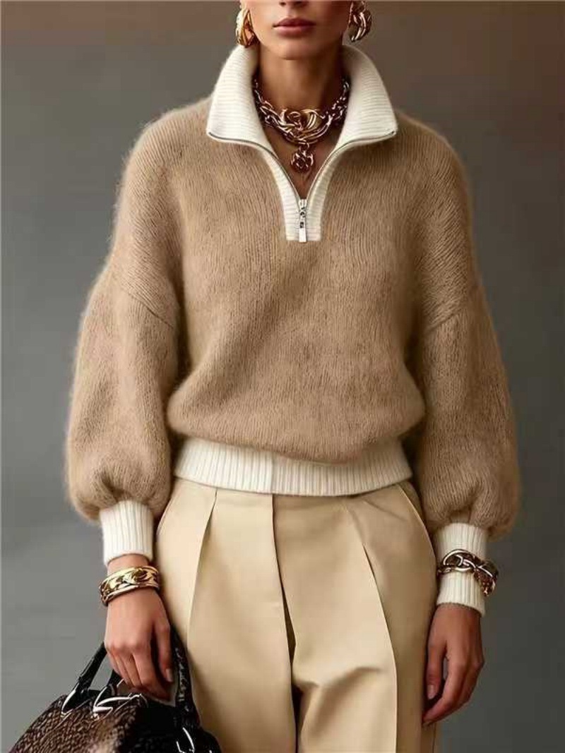Half-Zip Mock Neck Sweater – Relaxed Fit Cozy Knit Pullover