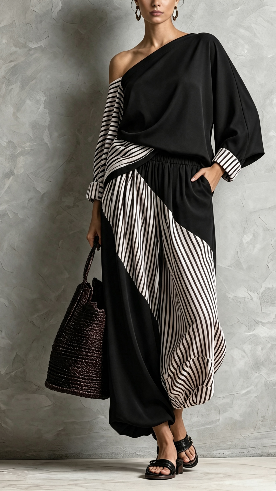 Women's Elegant Dark Red Striped Print Woven One-Shoulder Long-Sleeve Top And Pants Two-Piece Set
