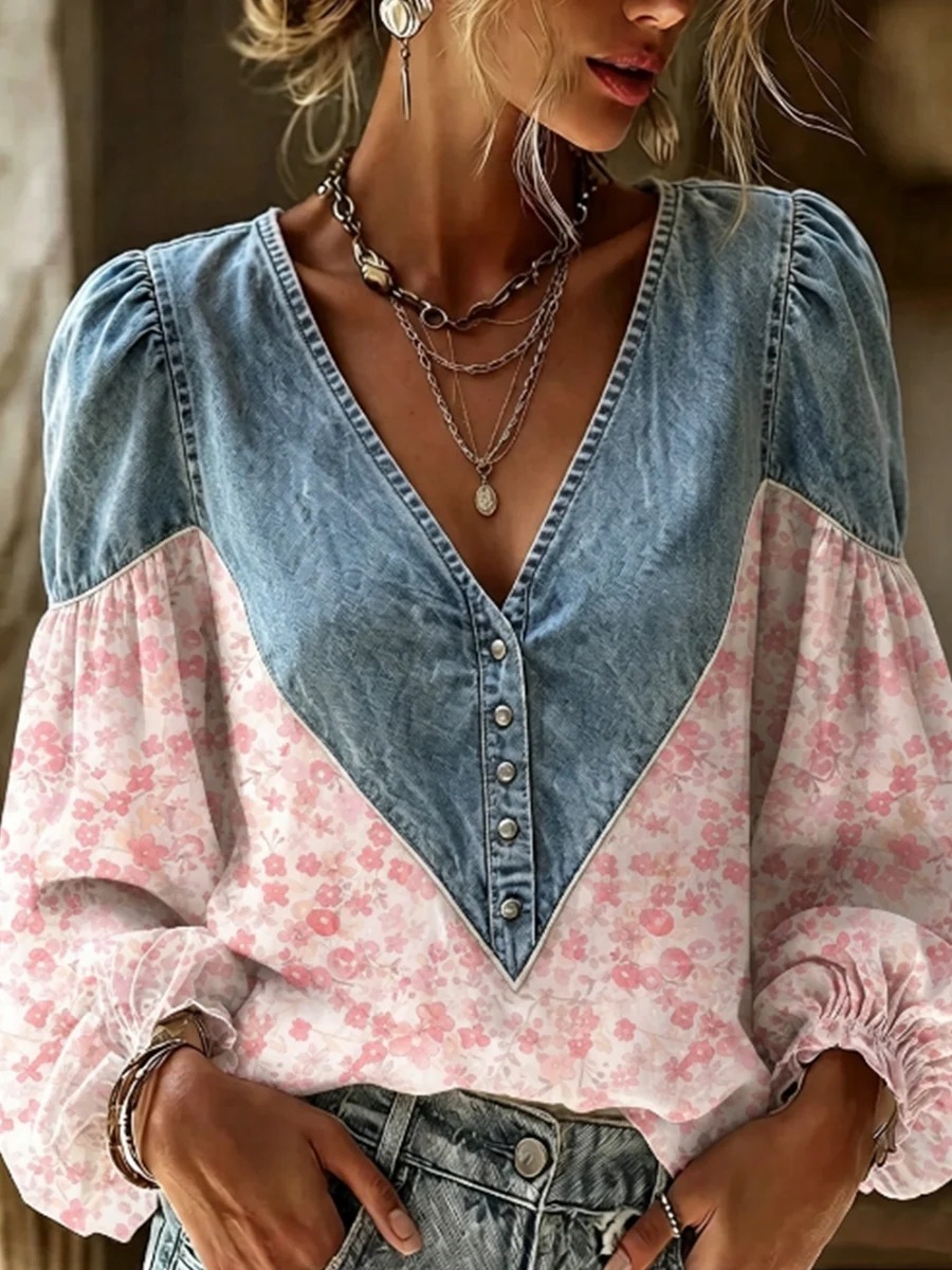 Women’s Denim Patchwork Floral Blouse V-Neck Button Long Sleeve Top