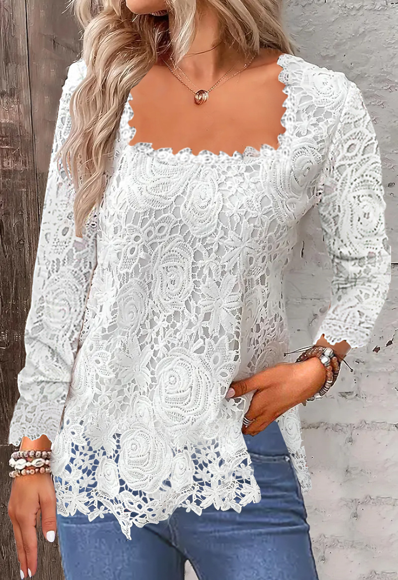 Women’s Floral Lace Square Neck  Scalloped Hem Blouse
