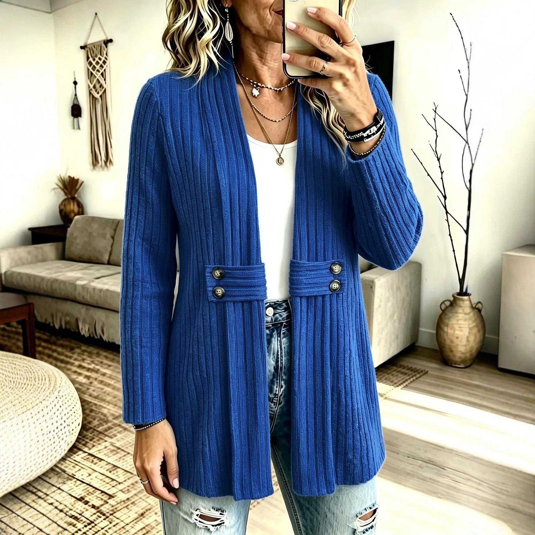 Women’s Vertical Ribbed Open Front Cardigan with Button Tab Waist Detail Long Sleeve Knit Jacket