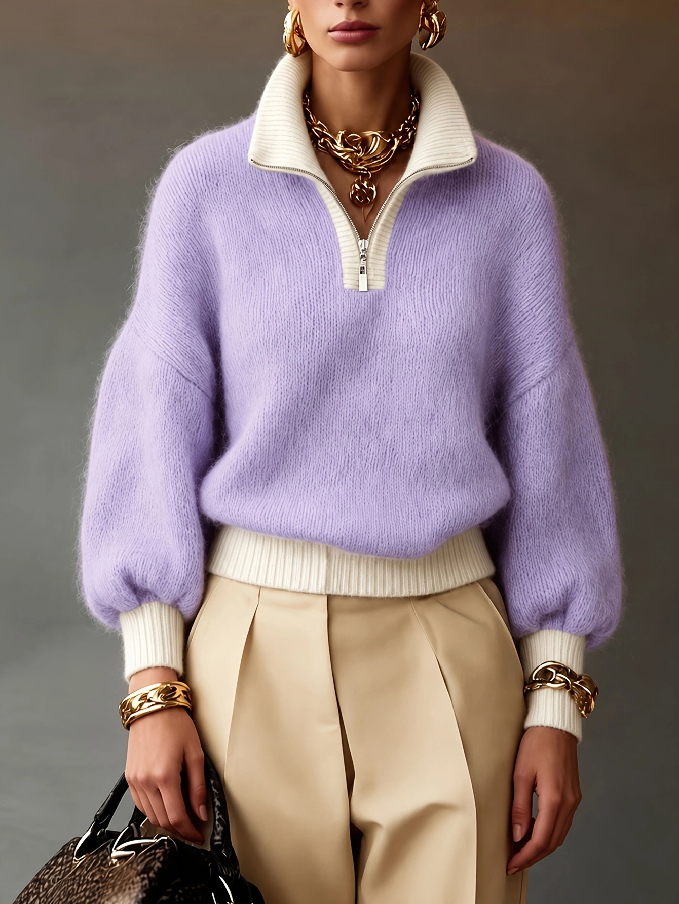 Half-Zip Mock Neck Sweater – Relaxed Fit Cozy Knit Pullover