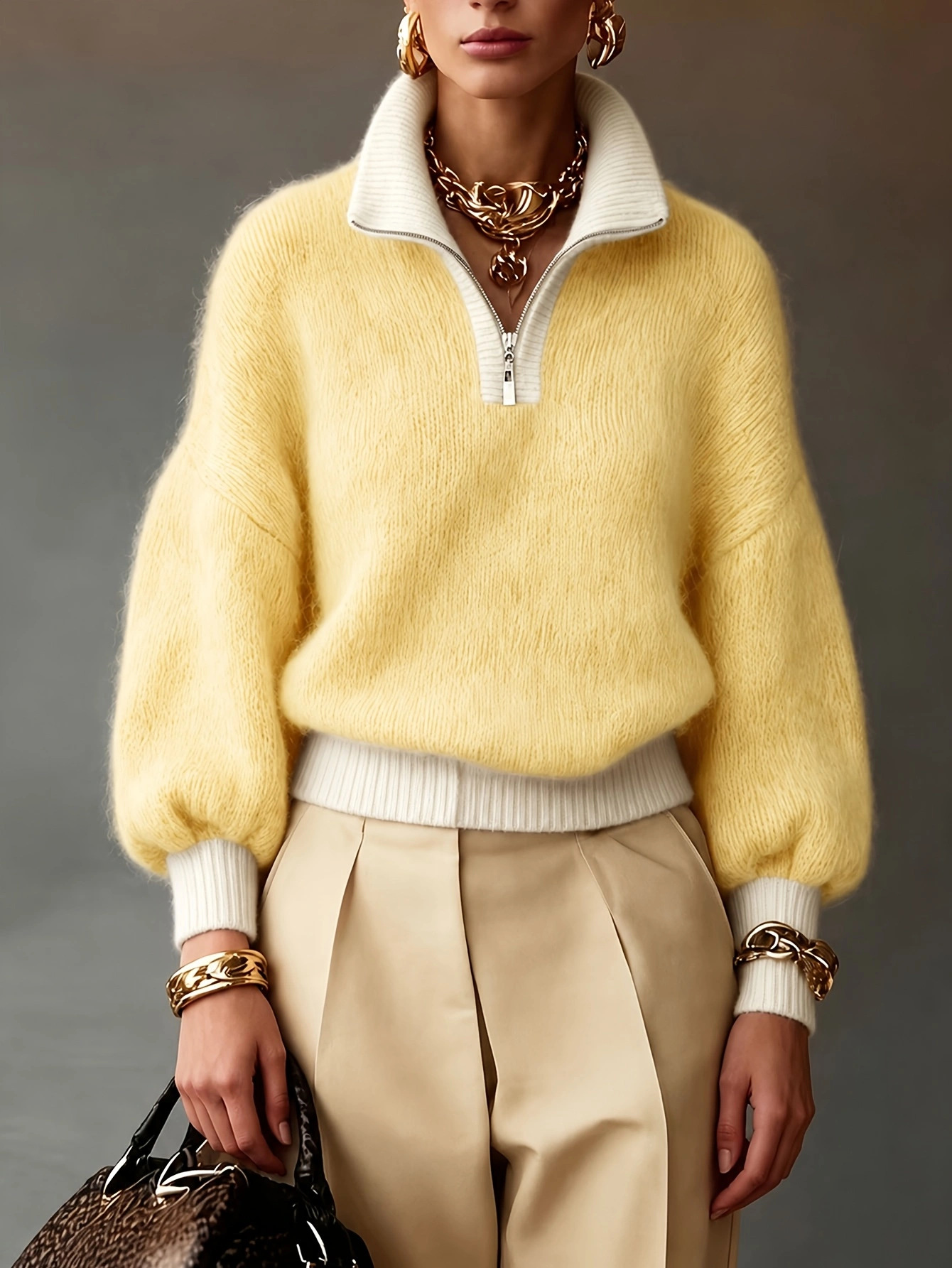 Half-Zip Mock Neck Sweater – Relaxed Fit Cozy Knit Pullover