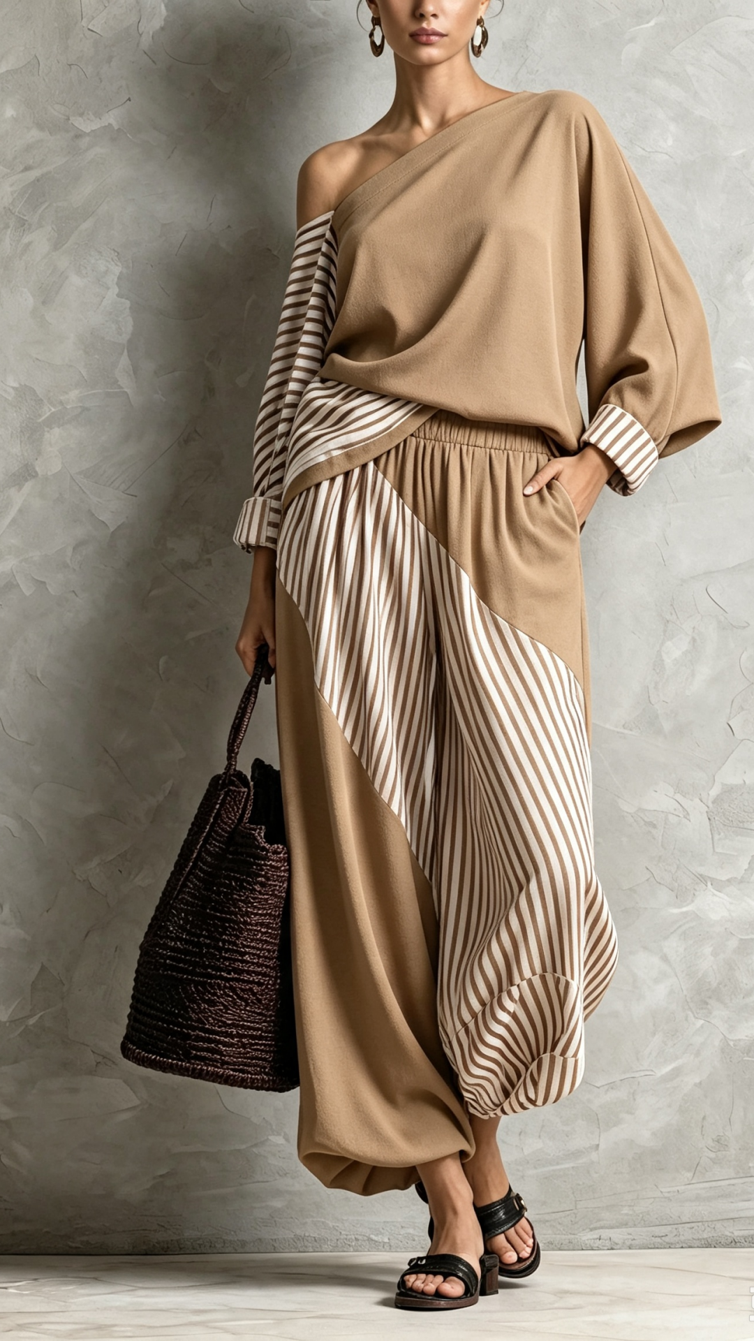 Women's Elegant Dark Red Striped Print Woven One-Shoulder Long-Sleeve Top And Pants Two-Piece Set