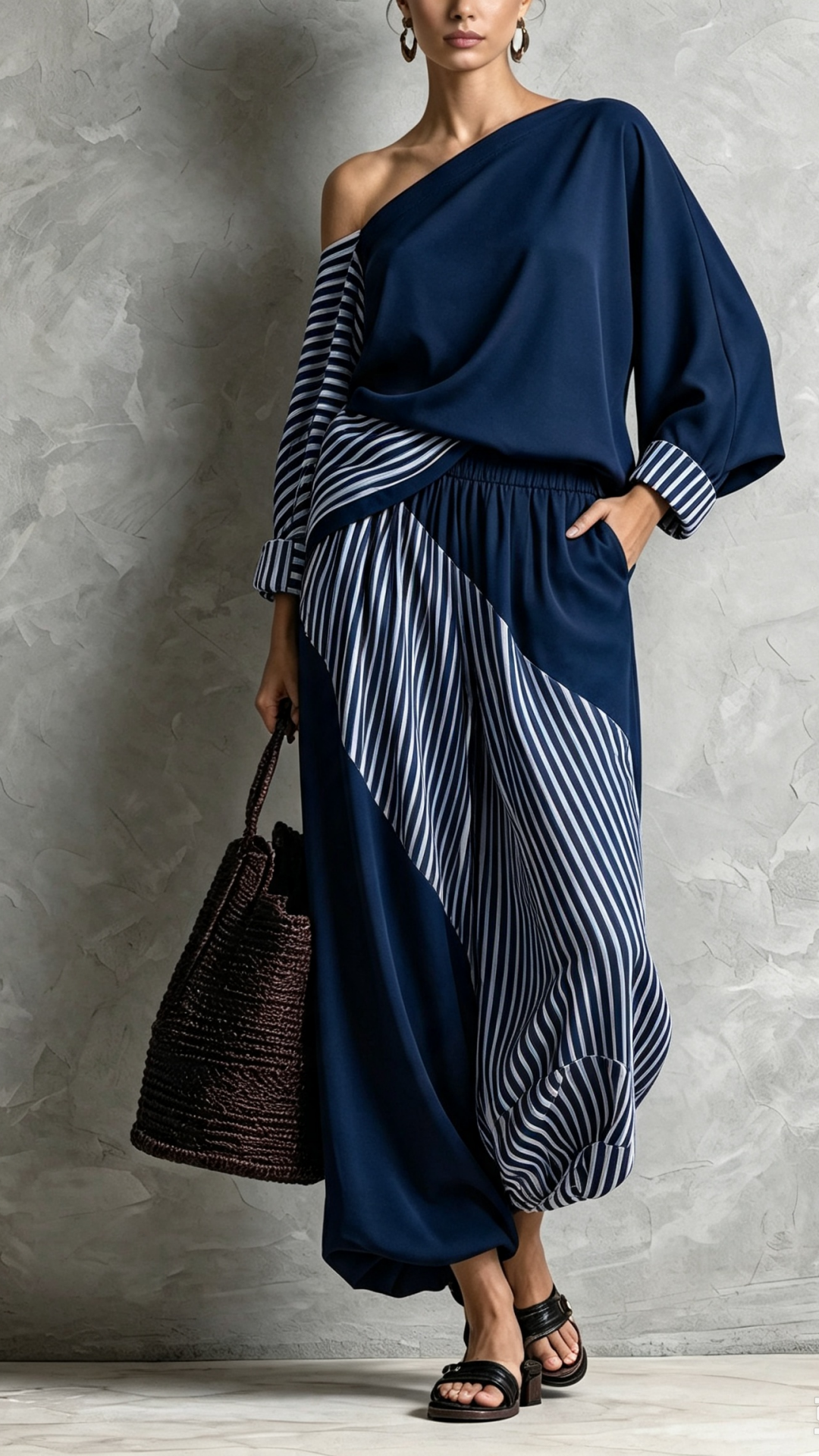 Women's Elegant Dark Red Striped Print Woven One-Shoulder Long-Sleeve Top And Pants Two-Piece Set
