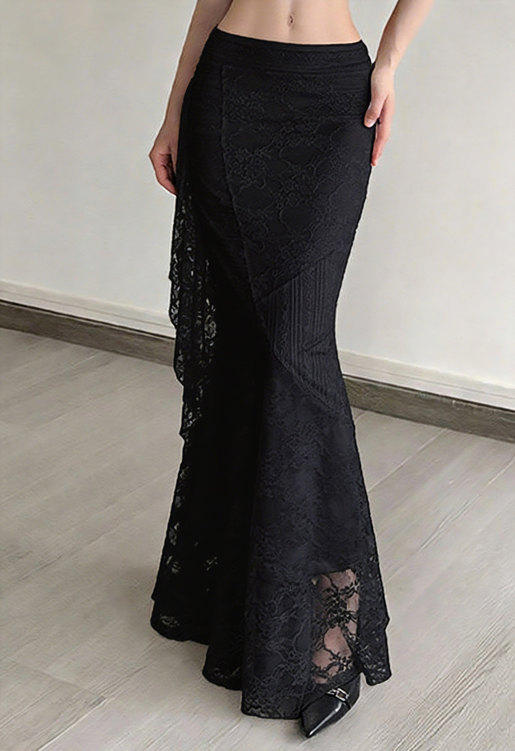 Women’s Halloween Black Lace Mermaid Skirt High Waist Gothic Long Skirt