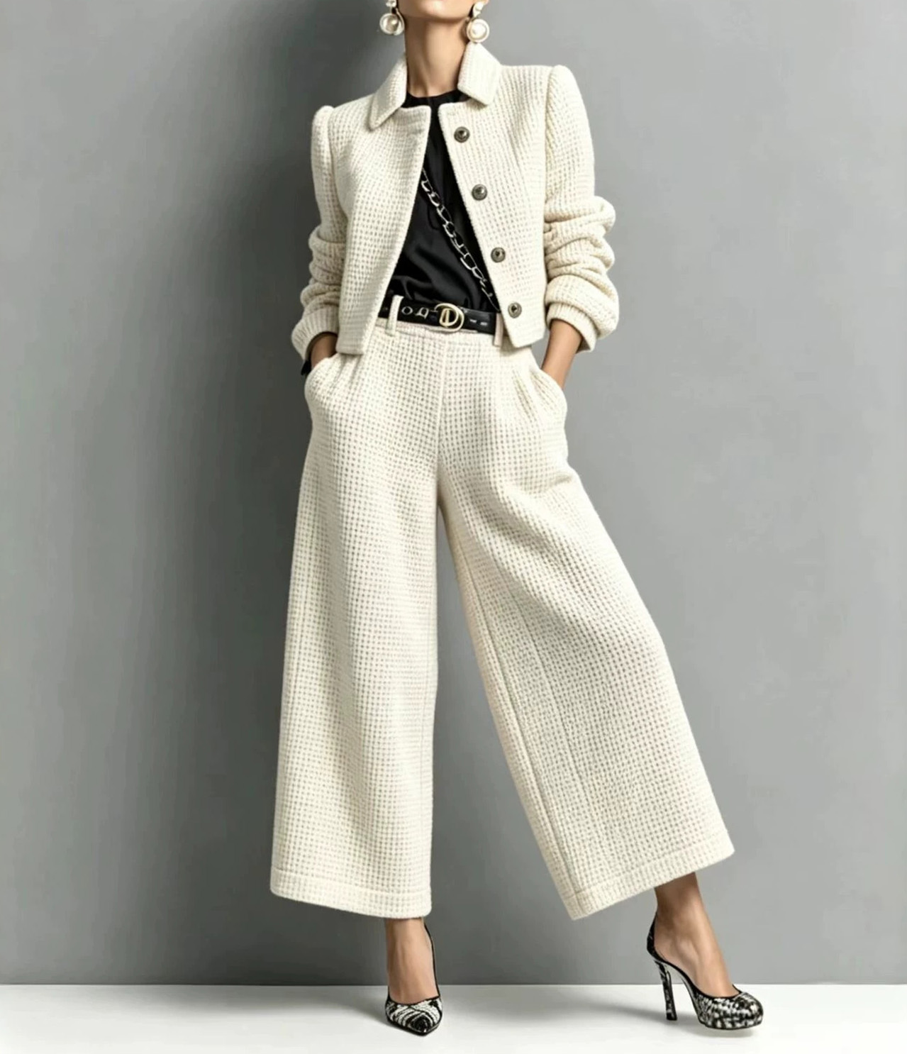 Collared slim-fit long-sleeved short jacket paired with wide-leg trousers