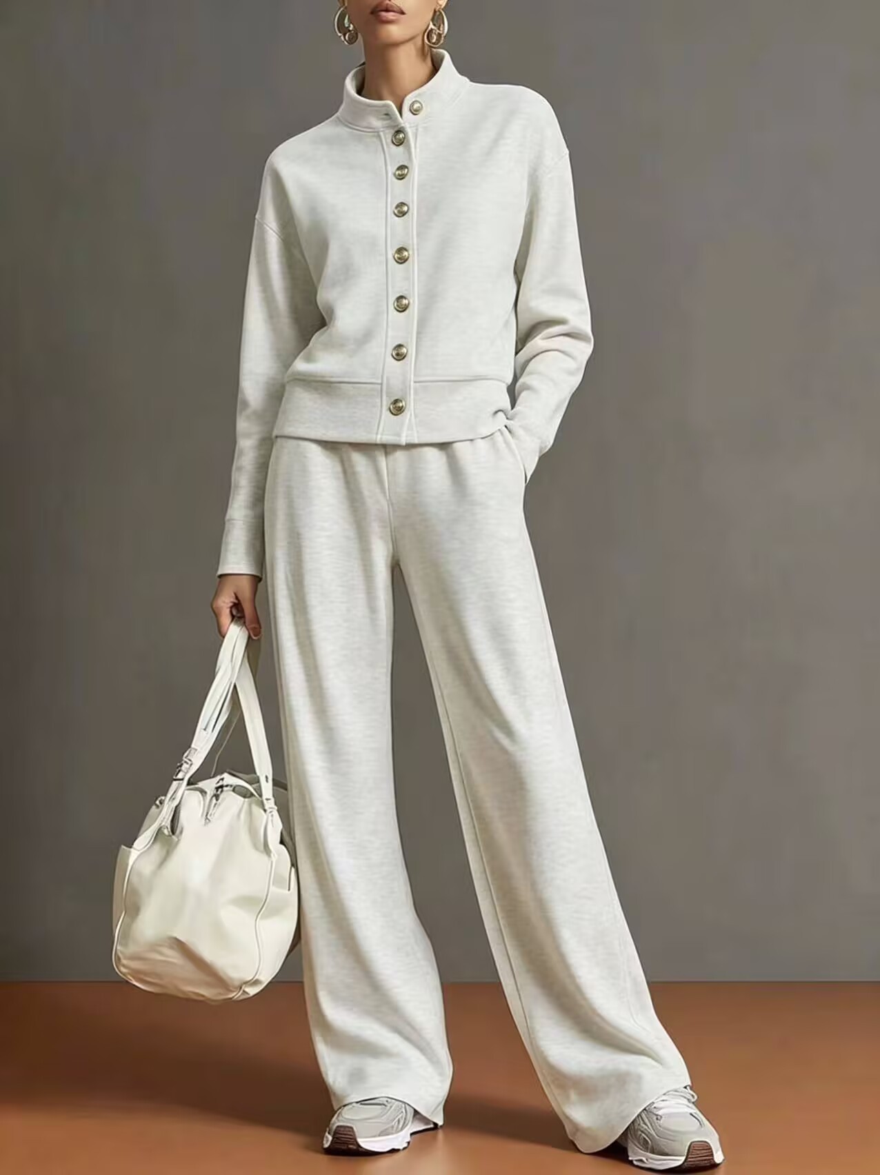 Women's Stand Collar Snap Button Lounge Set Long Sleeve Jacket & Wide Leg Pants 2 Piece Athleisure Outfit