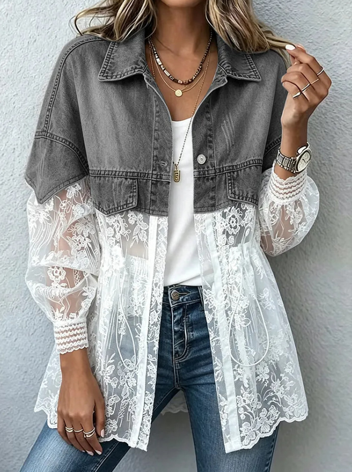 Women’s Lace Panel Denim Jacket Sheer Floral Mesh Patchwork Casual Cropped Coat