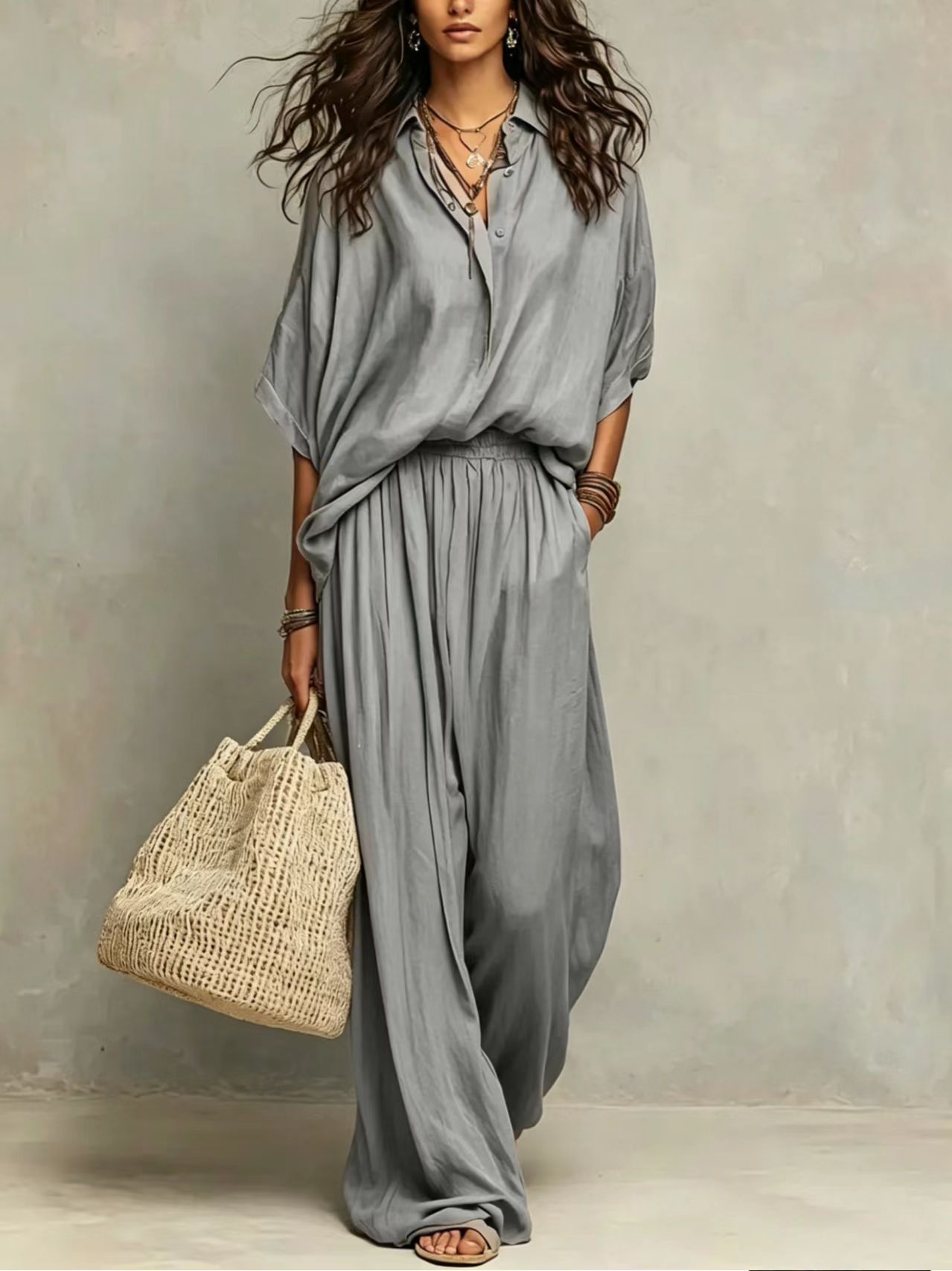 Women’s  Linen 2 Piece Set Oversized Shirt Elastic Waist Wide Leg Pants Outfit