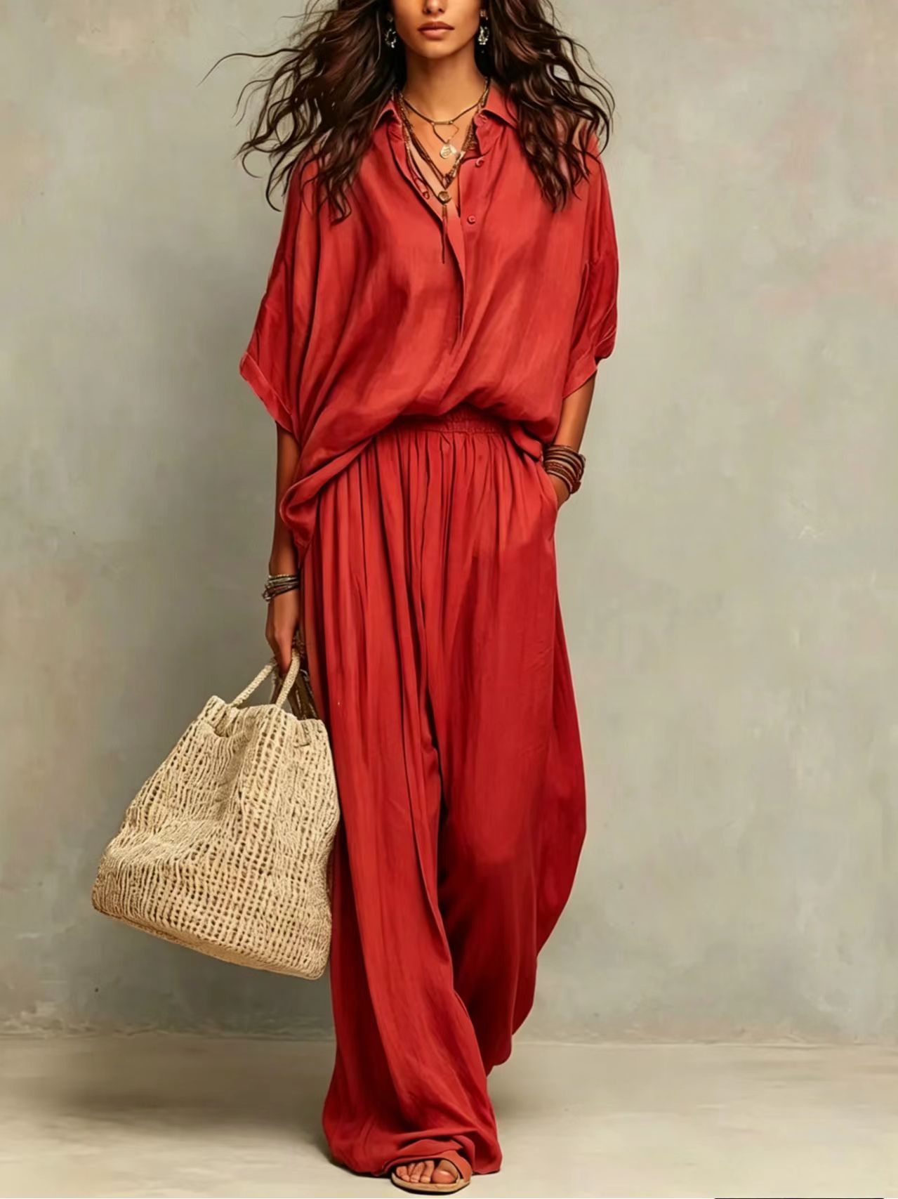 Women’s  Linen 2 Piece Set Oversized Shirt Elastic Waist Wide Leg Pants Outfit