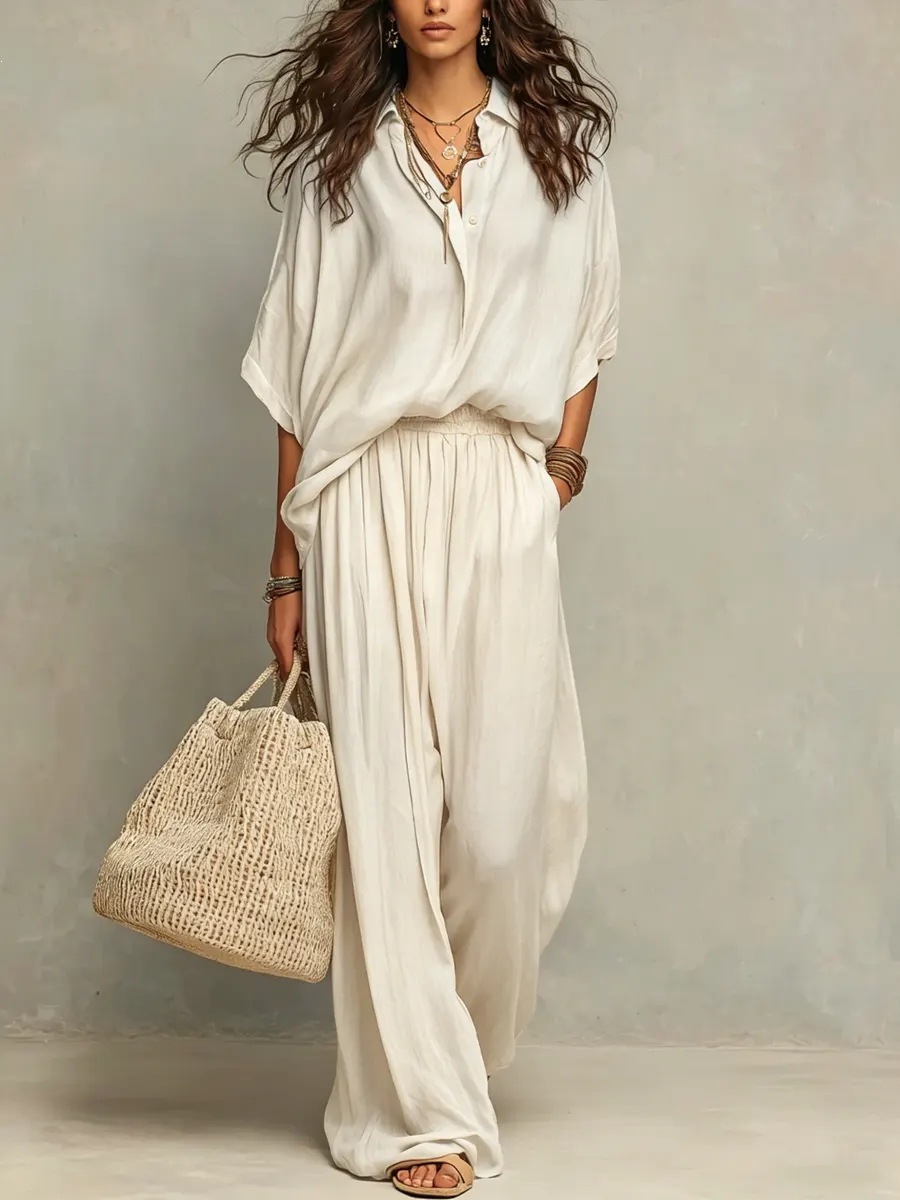 Women’s  Linen 2 Piece Set Oversized Shirt Elastic Waist Wide Leg Pants Outfit