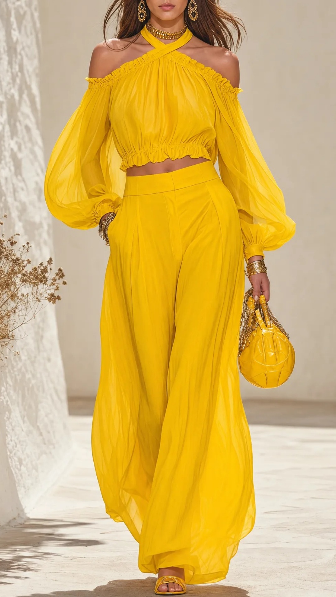 Elegant Urban Style Halter-neck Chiffon Top And Wide-leg Pants Set