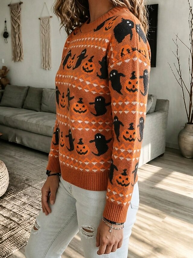Women’s Halloween Pumpkin Ghost Sweater Round Neck Long Sleeve Knit Pullover