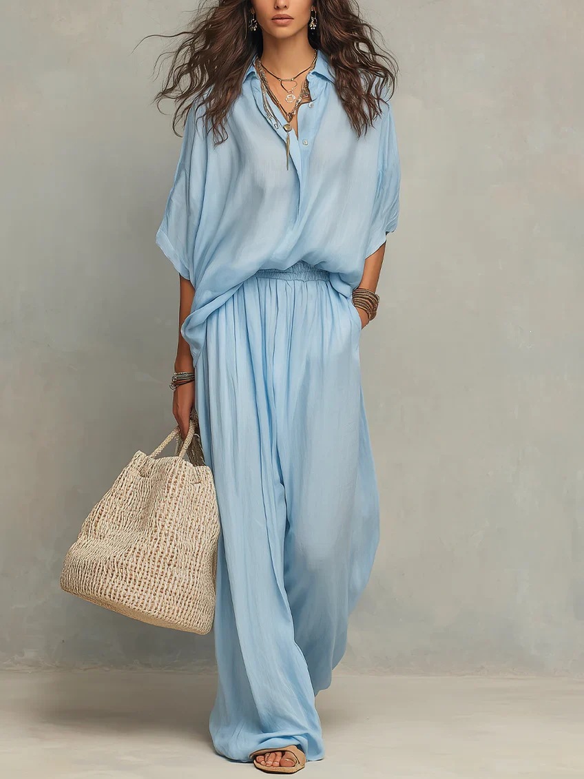 Women’s  Linen 2 Piece Set Oversized Shirt Elastic Waist Wide Leg Pants Outfit