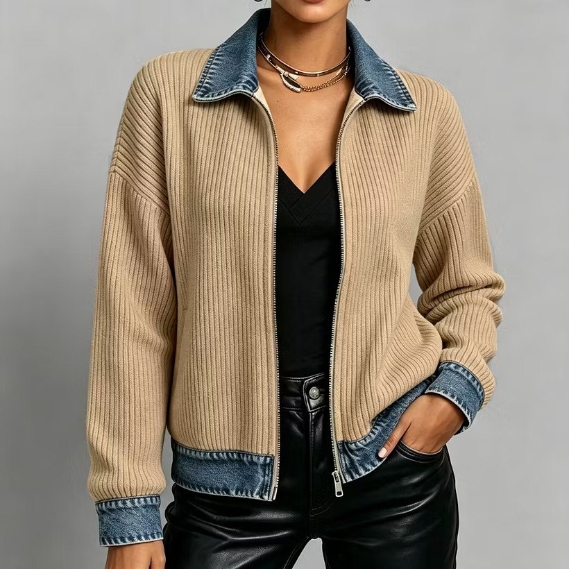 Women’s Denim Collar Contrast Ribbed Knit Zip-Up Jacket