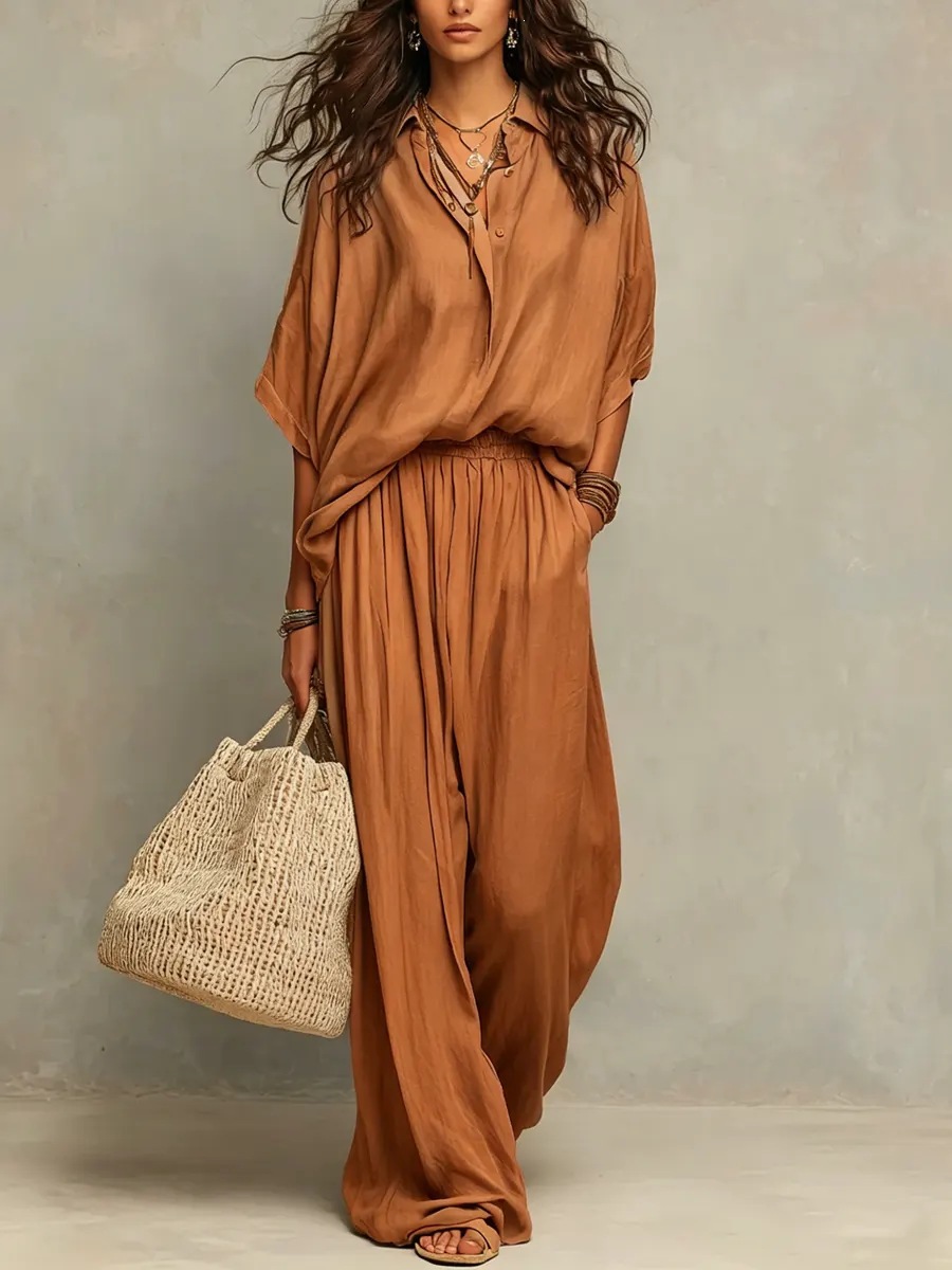 Women’s  Linen 2 Piece Set Oversized Shirt Elastic Waist Wide Leg Pants Outfit