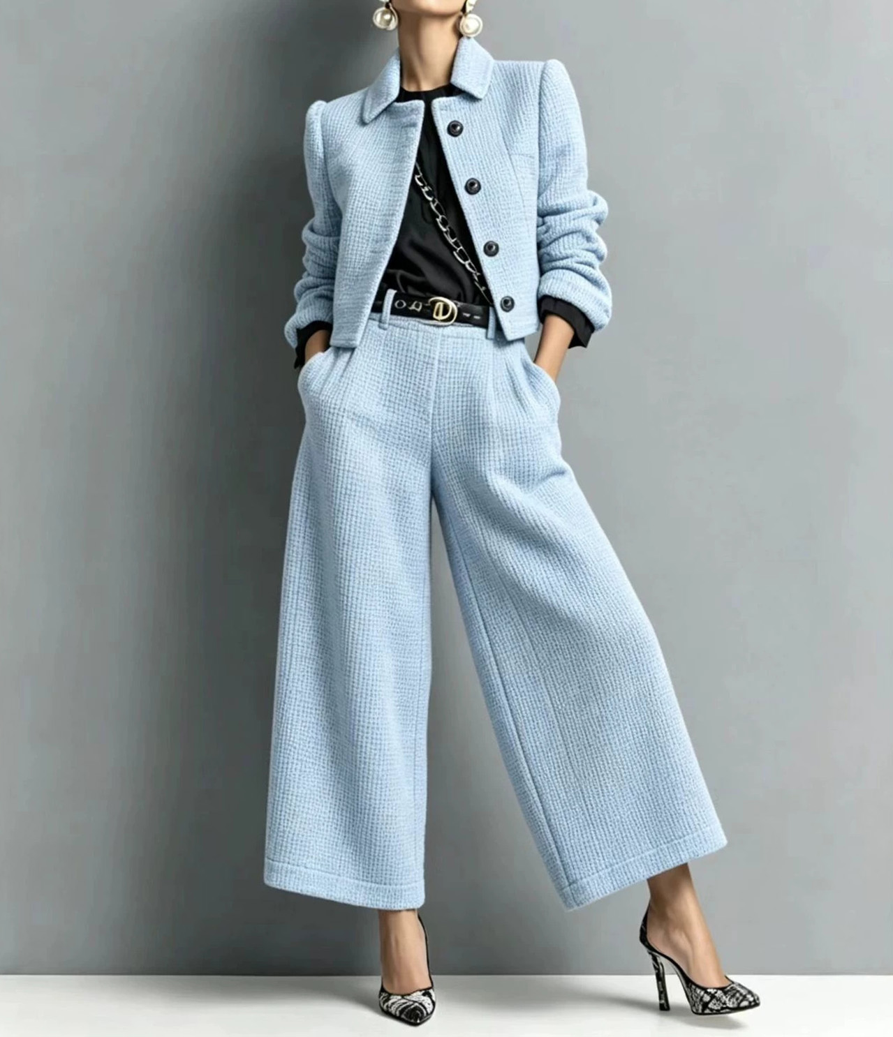 Collared slim-fit long-sleeved short jacket paired with wide-leg trousers