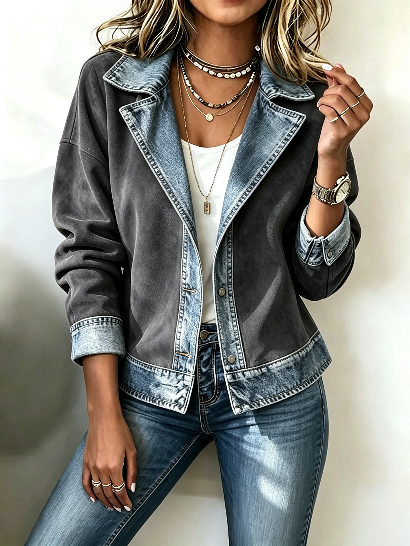 Women's Faux Suede & Denim Patchwork Jacket Button Front Lapel Casual Long Sleeve Coat