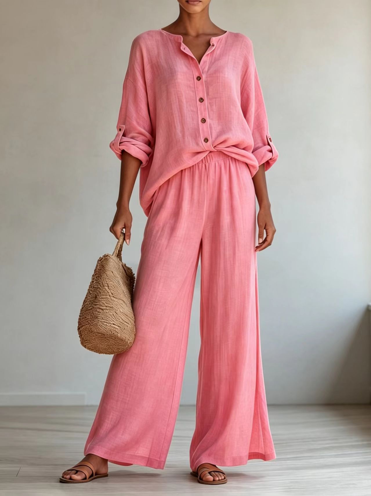 Women’s Linen 2 Piece Set Stand Collar Roll Tab Sleeve Shirt Elastic Waist Wide Leg Pants Outfit