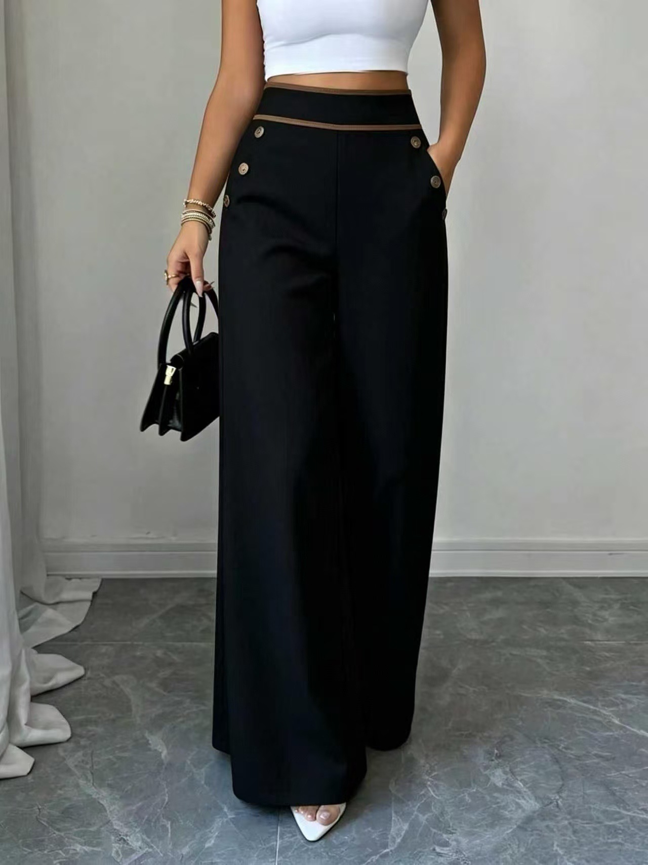 Women’s High Waist Wide Leg Pants Contrast Trim Button Decor Long Trousers