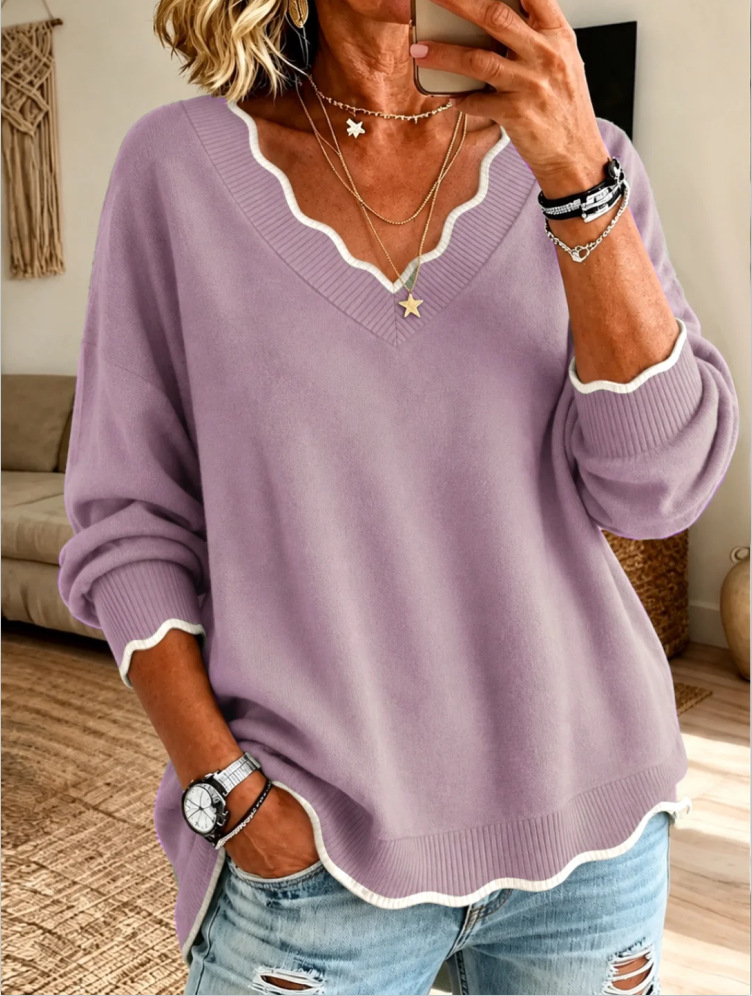 Women’s Scalloped Trim V Neck Long Sleeve Loose Knit Sweater