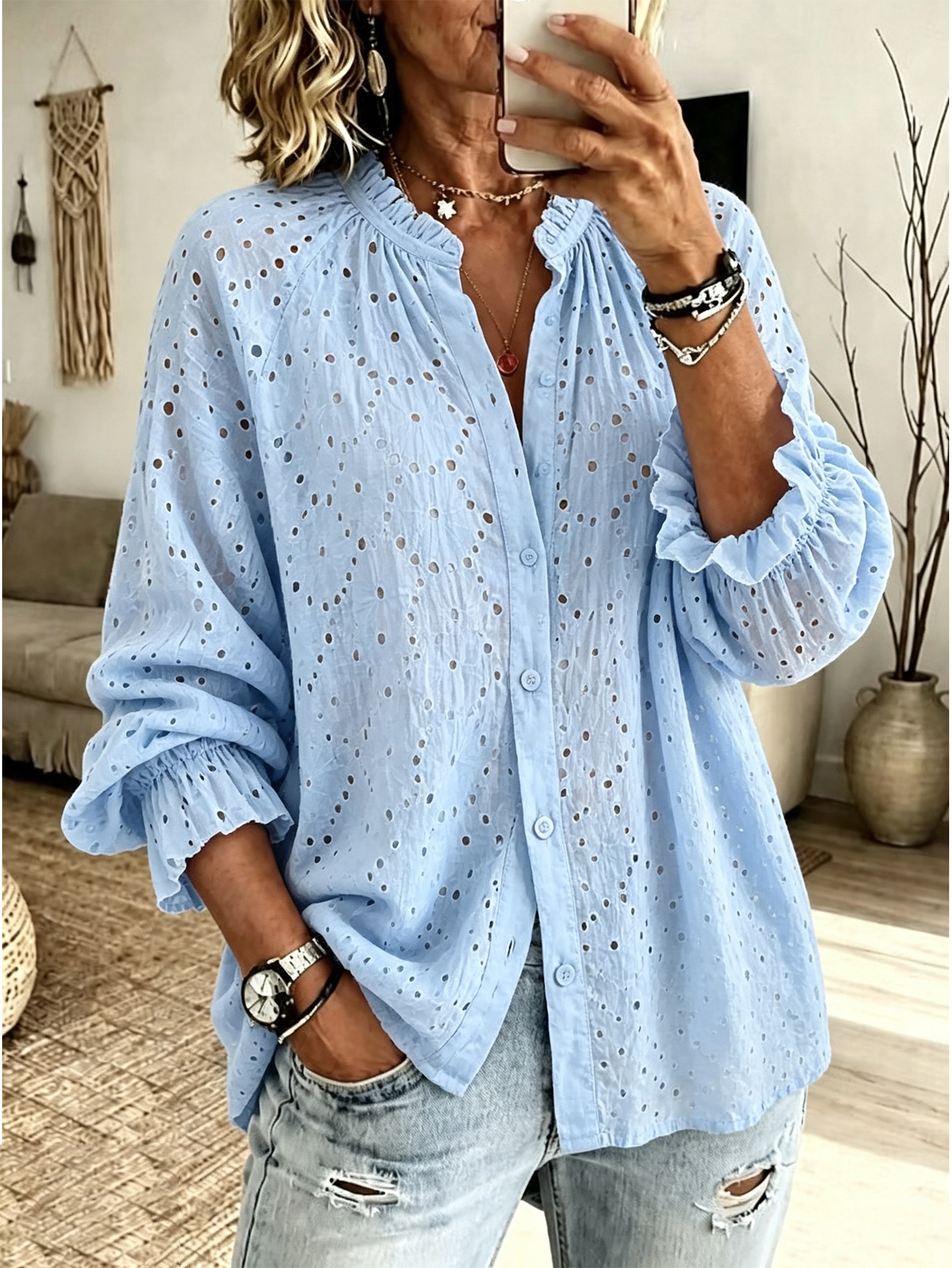 Women’s Eyelet Embroidery Ruffled Collar Puff 3/4 Sleeve Loose Button Down Blouse