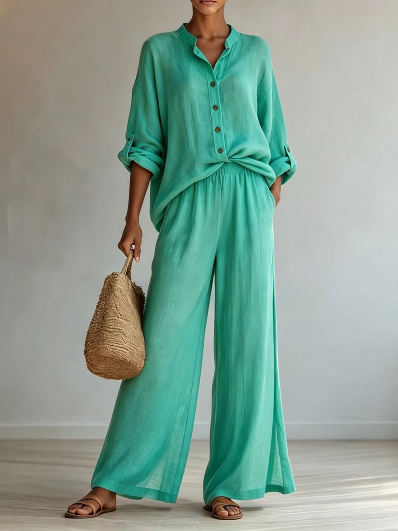 Women’s Linen 2 Piece Set Stand Collar Roll Tab Sleeve Shirt Elastic Waist Wide Leg Pants Outfit