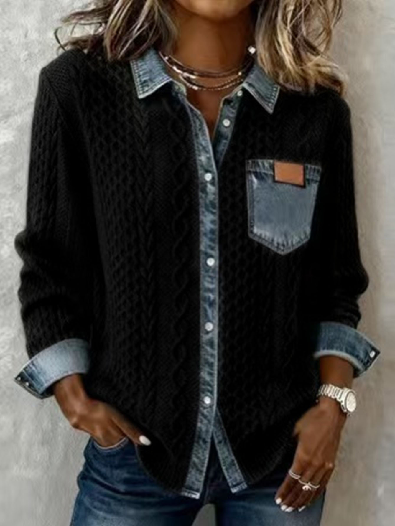 Cable Knit Denim Patchwork Button Down Shirt