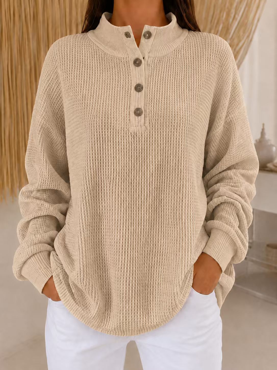 Women’s Stand Collar Waffle Knit Top Button Neck Long Sleeve Loose Blouse