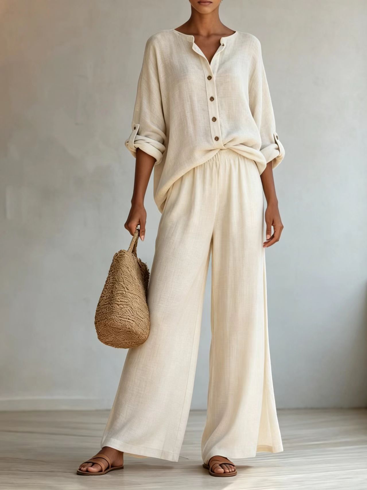 Women’s Linen 2 Piece Set Stand Collar Roll Tab Sleeve Shirt Elastic Waist Wide Leg Pants Outfit