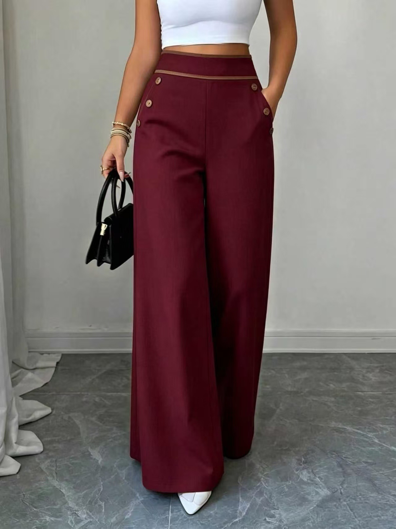 Women’s High Waist Wide Leg Pants Contrast Trim Button Decor Long Trousers