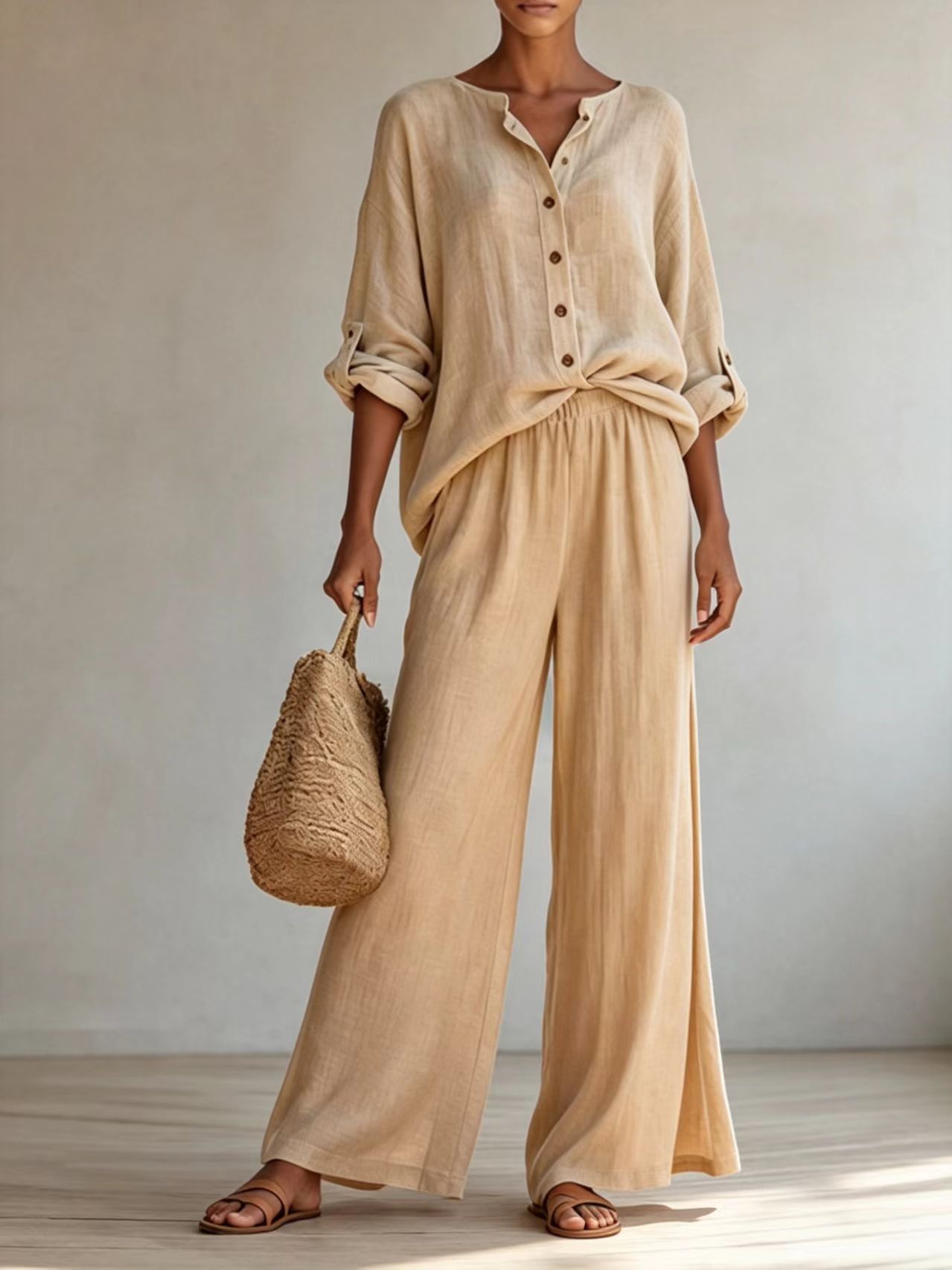 Women’s Linen 2 Piece Set Stand Collar Roll Tab Sleeve Shirt Elastic Waist Wide Leg Pants Outfit