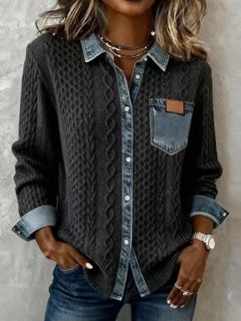 Cable Knit Denim Patchwork Button Down Shirt