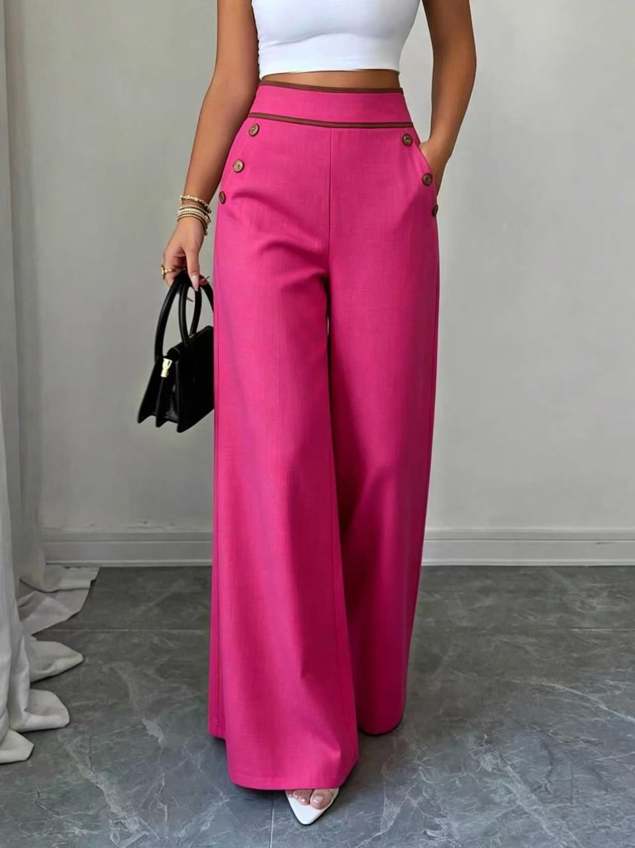 Women’s High Waist Wide Leg Pants Contrast Trim Button Decor Long Trousers
